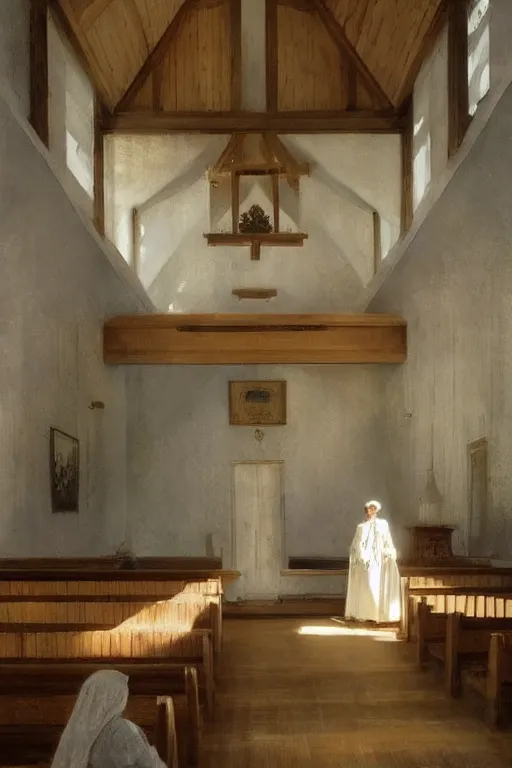 Prompt: sunday morning in a simple wooden amish shaker style chapel with low ceilings full of bench pews, art by anders zorn, wonderful masterpiece by greg rutkowski, beautiful cinematic light, american romanticism thomas lawrence, greg rutkowski