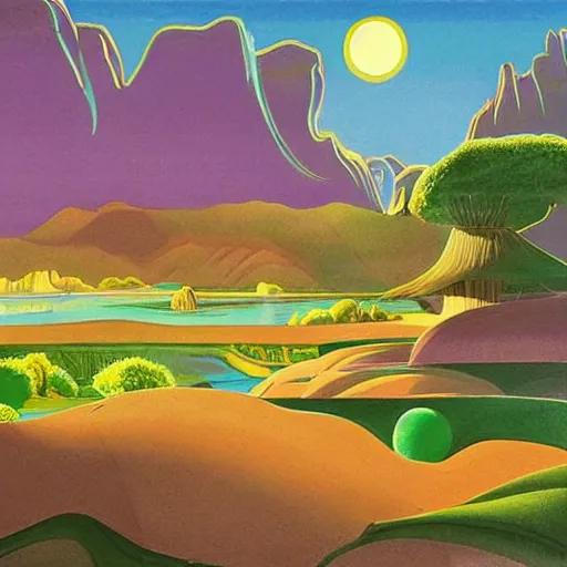 Image similar to hanna barbera, beige imposing, fine by alex ross. a illustration of a landscape. it is a stylized & colorful view of an idyllic, dreamlike world with rolling hills, peaceful animals, & a flowing river. the scene looks like it could be from another planet, or perhaps a fairy tale.