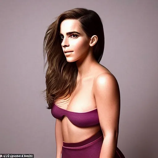 Image similar to a woman who is a genetic combination of kim kardashian and emma watson face and upper - body focus