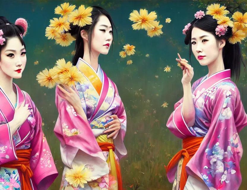 Image similar to two beautiful fashion taiwan girls wear fantasy yukata in festival | | big eyes, sunny, dreamlike art, realistic shaded, smile, good looking, fine details, 4 k realistic, cryengine, realistic shaded lighting poster by greg rutkowski, magali villeneuve, artgerm, jeremy lipkin and michael garmash and rob rey