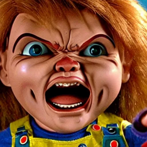 Image similar to chucky doll screaming in too gun movie