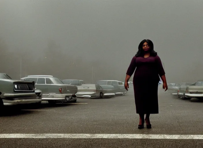 Prompt: cinematic screenshot wide shot of octavia spencer in a foggy abandoned sears parking lot, paranoia everywhere, screenshot from the tense thriller film ( 2 0 0 1 ) directed by spike jonze, volumetric hazy lighting, moody cinematography, 3 5 mm kodak color stock, 2 4 mm lens, ecktochrome