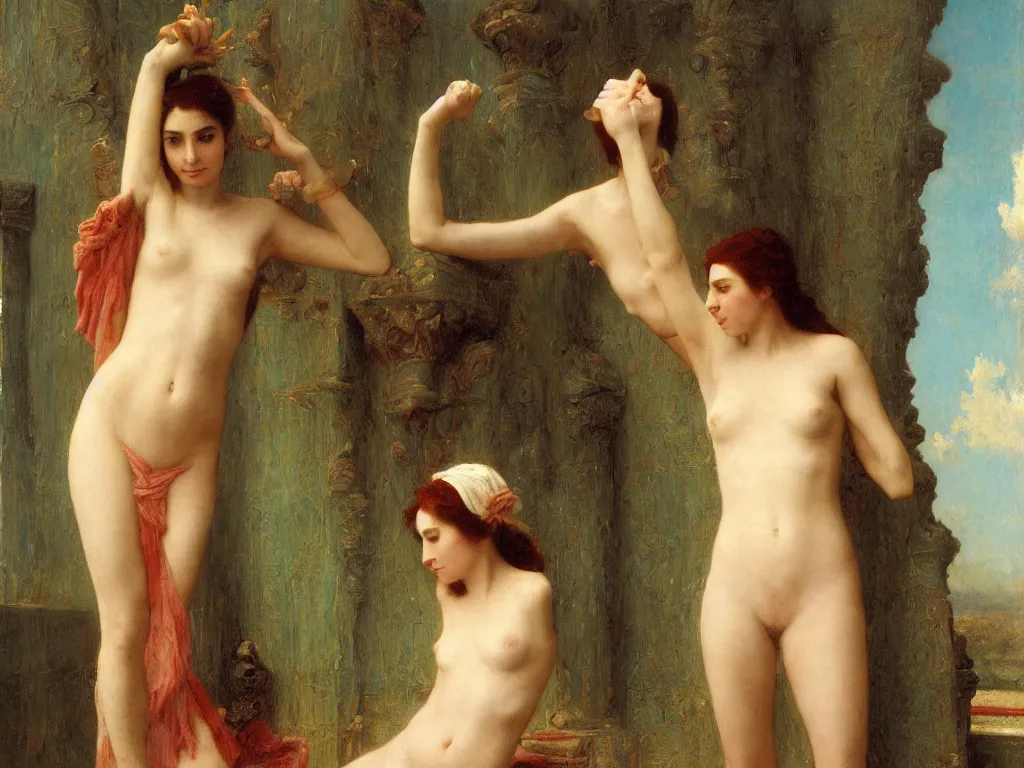 Image similar to felicia day in a turkish bath, painted by jean - leon gerome, by gustave moreau, by william - adolphe bouguereau. exquisite detail and color. volumetric lighting, soft lighting. 8 k resolution