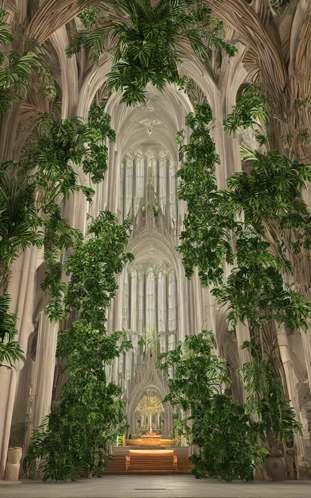 Image similar to beautiful grand cathedral interior with koi! pond!! in the! middle! surrounded by palm trees, ivy, flowers!!, tropical plants, roses!!, and with archways, rendered in octane render with photorealistic volumetric cinematic lighting, wide angle, horizontal symmetry, symmetrical! 8 k