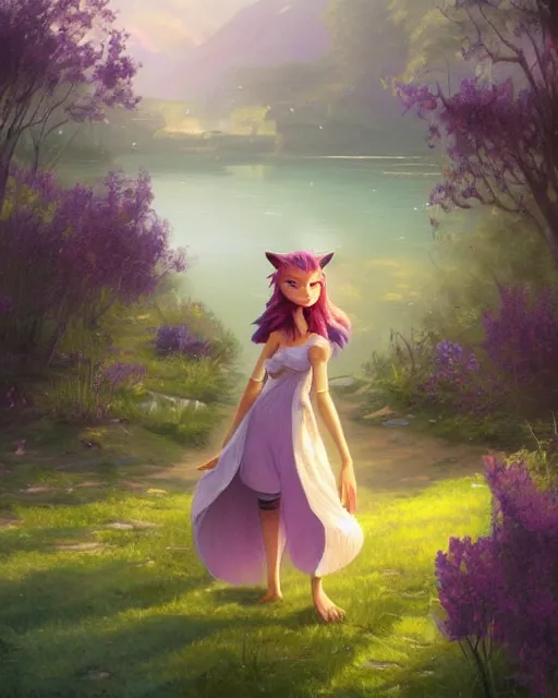 Prompt: an anthropomorphic fox girl with purple hair wearing a simple yellow sundress, she has a pronounced snout and two pointed black ears, beautiful lake background, illustration by greg rutkowski, thomas kindkade, loish, artstation, furaffinity, deviantart