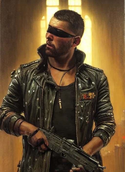 Image similar to big mike. cyberpunk Thug wearing a military vest and combat gear. (Cyberpunk 2077, bladerunner 2049). Round face. Iranian orientalist portrait by john william waterhouse and Edwin Longsden Long and Theodore Ralli and Nasreddine Dinet, oil on canvas. Cinematic, hyper realism, realistic proportions, dramatic lighting, high detail 4k