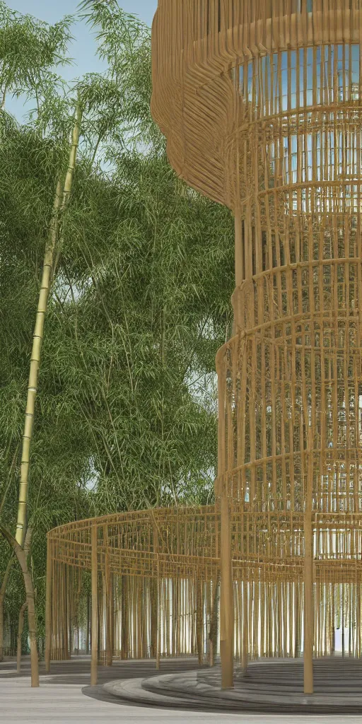 Image similar to photo of a bamboo pavilion with hundreds of thin steel round columns. corona render