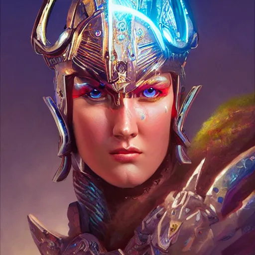 Image similar to portrait of a beautiful female cyclops as an evil paladin in full shining armor, oil painting, digital painting, intricate detail, neon color, artwork by ross tran + craig mullins + raymond swanland, background artwork by steven outram