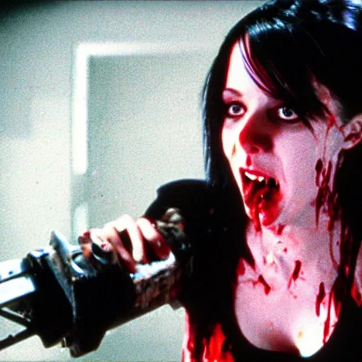 Prompt: mid shot of goth girl holding a chainsaw dripping blood, from the movie Saw