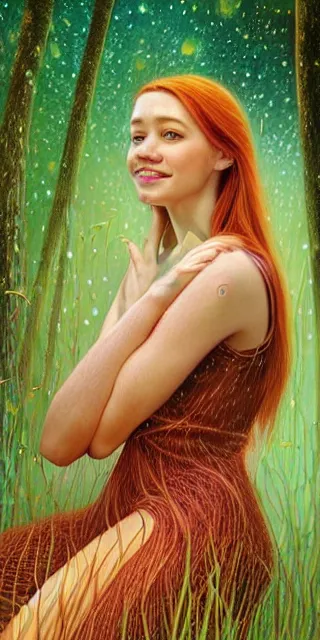 Image similar to infp young woman, smiling, amazed by golden fireflies lights, sitting in the midst of nature fully covered, long loose red hair, intricate linework, green eyes, small nose with freckles, oval shape face, realistic, expressive emotions, dramatic lights mystical scene, hyper realistic ultrafine art by michael cheval, jessica rossier, artgerm