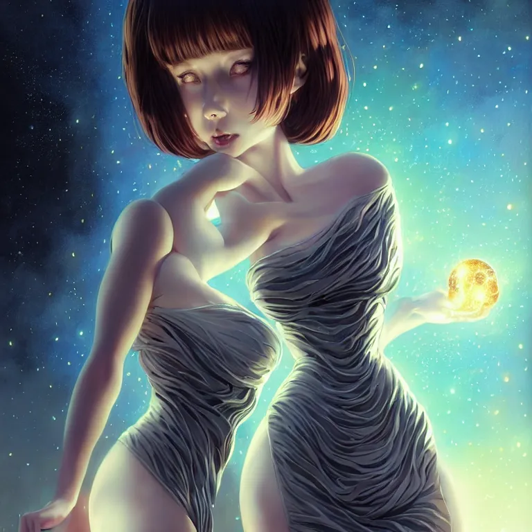 Image similar to azathoth girl wearing dress made of milky way, seductive pose, full body, occlusion shadow, specular reflection, rim light, unreal engine, artgerm, artstation, art by hiroaki samura and ilya kuvshinov and ossdraws, intricate, highly detailed 8 k, cosmic horror illustration, extremely beautiful face and body