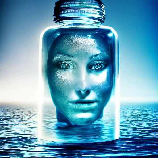 Image similar to a human head in a bottle shape water art manipulation, on the ocean water, futuristic, glowing, hyper realistic, ray tracing, realistic water splashes, sharp focus, long shot, 8 k resolution, cinematic, photoshop art