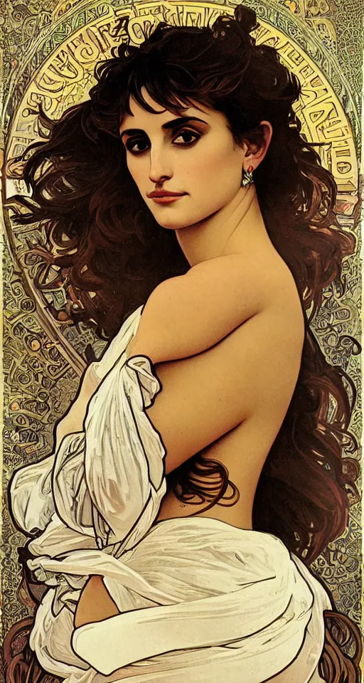 Image similar to portrait of penelope cruz, artwork by alphonse mucha