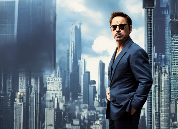 Image similar to film still of Robert Downey Jr as Cobb with the world bending in the background in Inception, 4k