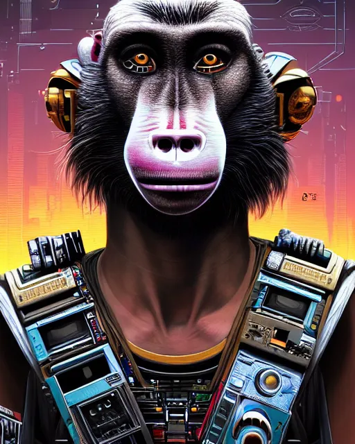 Prompt: a portrait of an anthropomorphic cyberpunk baboon by sandra chevrier, detailed render, tape deck, epic composition, cybernetics, 4 k realistic, cryengine, realistic shaded lighting, sharp focus, masterpiece, by matteo scalera, gary montalbano, peter elson in the style of the tokyo ghost comic