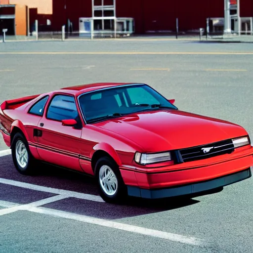 Image similar to real-view photo of a 1990's Ford Mustang prototype at a parking lot