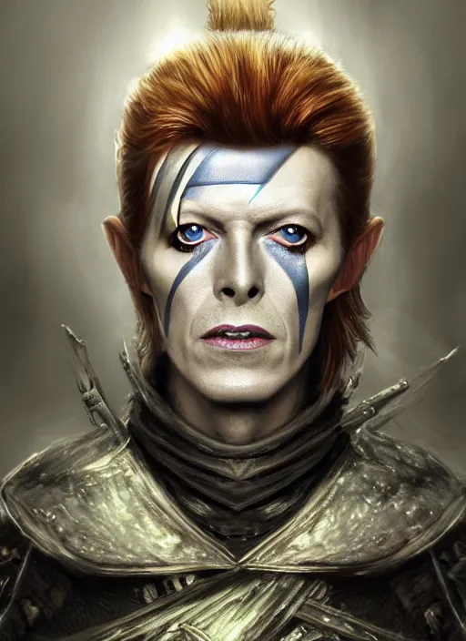 Image similar to masterpiece portrait david bowie, dark souls style, warrior, gael knight, ashen warrior, detailed portrait, fantasy character portrait, top lighting, hyper detailed, digital painting, 8 k realistic, hyper detailed, realistic shaded, perfect face, artstation,