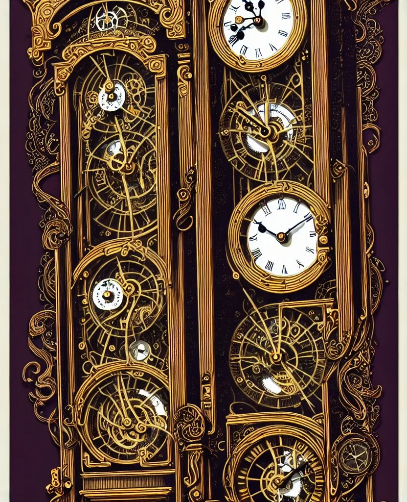 Image similar to ornate steampunk grandfather clock, high details, intricately detailed, by vincent di fate, inking, 3 color screen print, masterpiece, trending on artstation,, sharp, details, hyper - detailed, hd, 4 k, 8 k