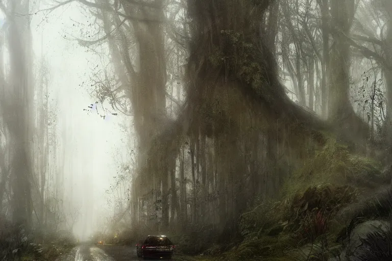 Image similar to a dark, mossy, gloomy, rainy road surrounded by woodland trees, leading to a beautiful, radiant house!!!!!!!, illustrated by greg rutkowski and gaston bussiere, cgsociety contest winner, trending on artstation, intricately defined, complexly detailed, gloomy, rainy atmosphere, 4 k