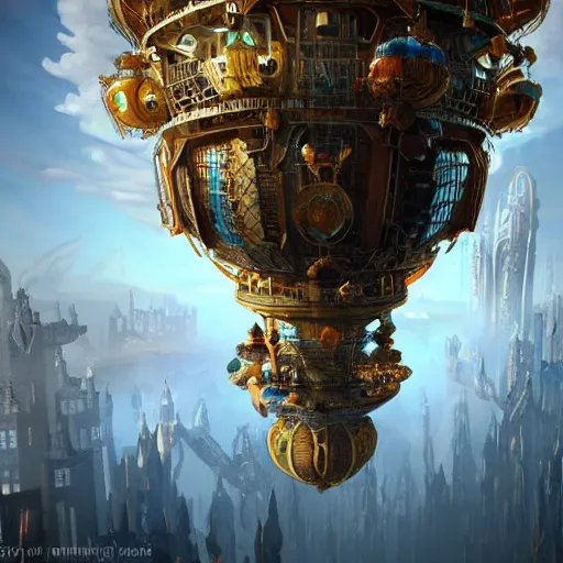 Image similar to enormous flying city in a faberge egg, sky, steampunk, fantasy art, masterpiece, unreal engine, intricate, intricate, intricate, detailed