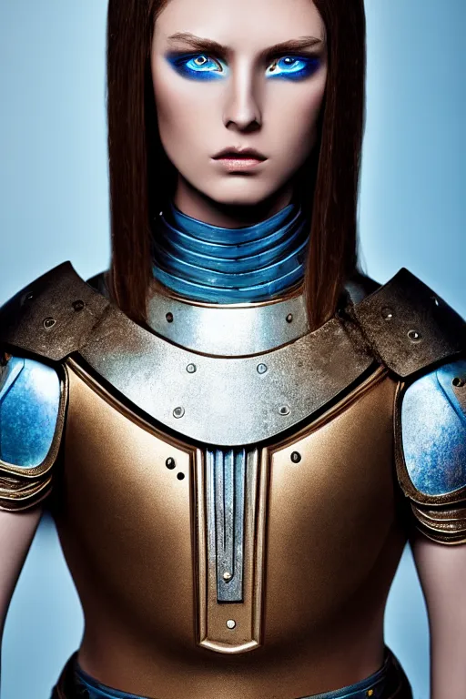 Prompt: female knight, brown hair, blue eyes, by roberto cavalli, luxury materials, symmetrical, cinematic, elegant, professional studio light, real dlsr photography, sharp focus, 4 k, ultra hd, sense of awe