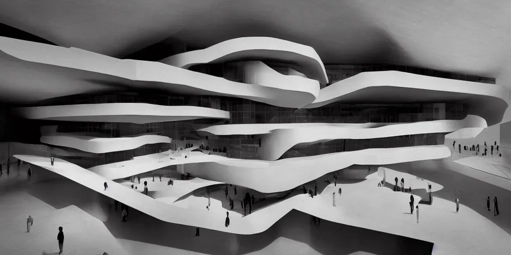 Prompt: stunning beautiful museum 3D section by Paul Rudolph and Zaha Hadid