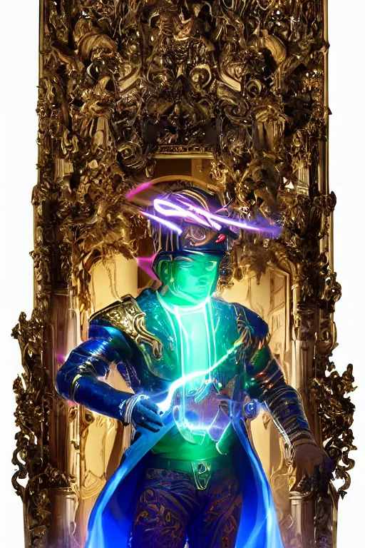 Image similar to full-body sculpture of a young handsome Latino prince as a half cibernetic android with a glowing blue battery in his chest, white laser beam coming out of his eyes, crown of giant diamonds, flowing neon-colored silk, fabric, raptors, in a cyperbunk and baroque style. baroque elements. full-length view. baroque element. intricate artwork by caravaggio. many many birds birds on background. Trending on artstation, octane render, cinematic lighting from the right, hyper realism, octane render, 8k, depth of field, 3D