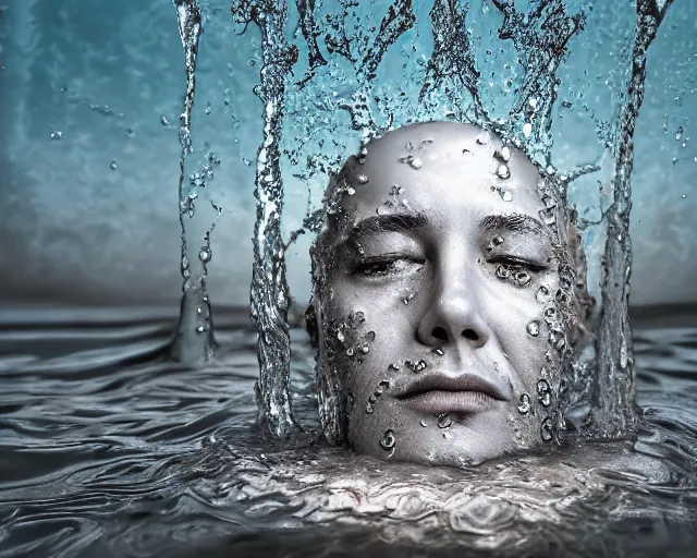 Image similar to water art manipulation of a realistic human head with open eyes burried in the ground, surreal, hyper realistic, ray tracing, realistic water, sharp focus, 8 k resolution, cinematic