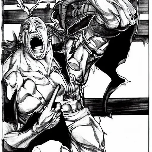 Image similar to Black and white drawing of Vin Diesel walking like a Italian model in JoJo\'s Bizzare Adventure style, highly detailed, sharp focus, 1990 manga panel, anime, ArtStation, art by Hirohiko Araki