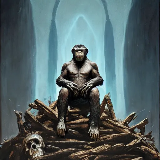 Prompt: koba from planet of the apes sitting on a throne of human bones, hero character art, koba, by chris leib and greg rutkowski in a surreal portrait, oil on canvas, volumetric lighting, 8k, hd.