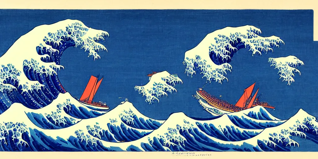 Image similar to A painting of an aircraft carrier on the Great Wave, by Hokusai