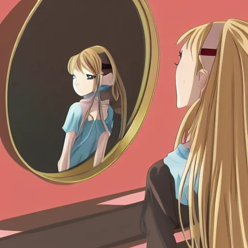 Image similar to an anime girl looking at a mirror, illustration, highly detailed