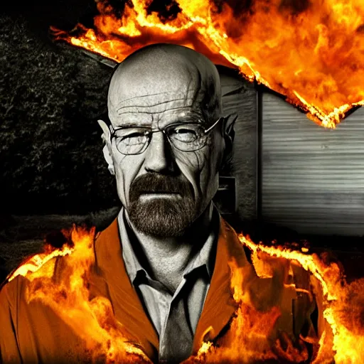 Image similar to a photo of walter white standing in front of a building on fire, highly detailed, 4 k