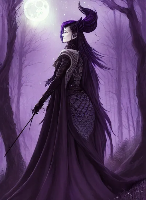 Image similar to moon in the background, side portrait dark witch!!!!!!!!!!, adventurer outfit large cloak, fantasy forest landscape, dragon scales, fantasy magic, undercut hairstyle, short purple black fade hair, dark light night, intricate, elegant, sharp focus, illustration, highly detailed, digital painting, concept art, matte, art by WLOP and Artgerm and Greg Rutkowski and Alphonse Mucha, masterpiece