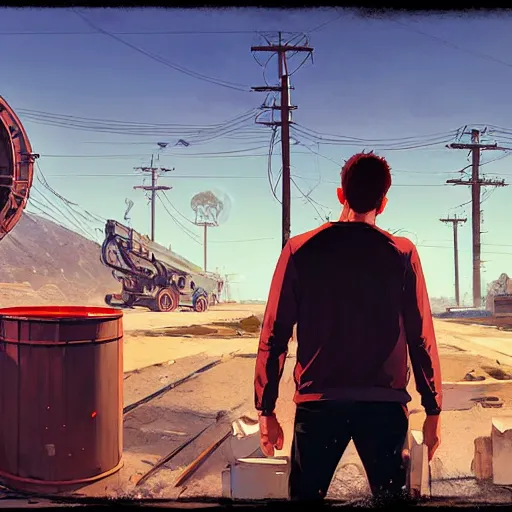 Image similar to huge black pack of c 4 - explosives on a red rusty oil - drum in gta v, stephen bliss, unreal engine, fantasy art by greg rutkowski, loish, rhads, ferdinand knab, makoto shinkai and lois van baarle, ilya kuvshinov, rossdraws, tom bagshaw, global illumination, detailed and intricate environment