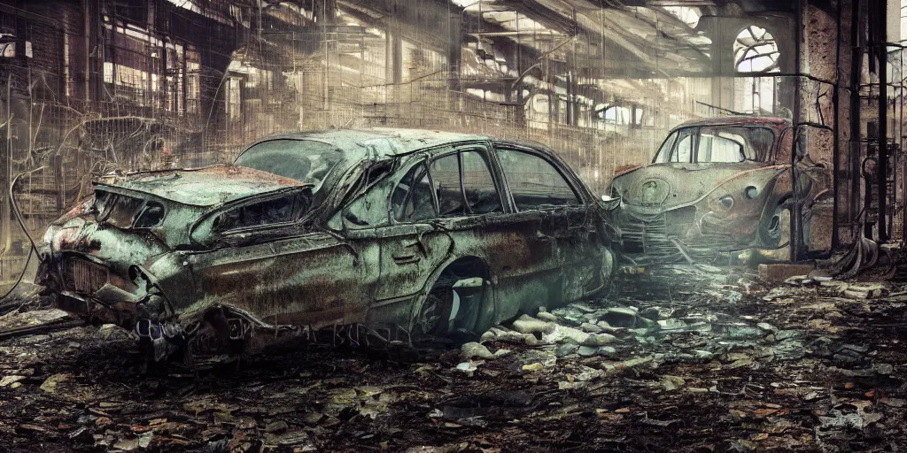 Image similar to close up of a car in an old industrial car factory, a ghostly figure is walking between the broken cars, everything is rusted and broken and covered in moss, night time low light, spooky and scary atmosphere, artstation,