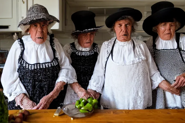 Image similar to close up of three old women from brittany with hats in white lace and black folk costumes in a kitchen. they look visibly angry