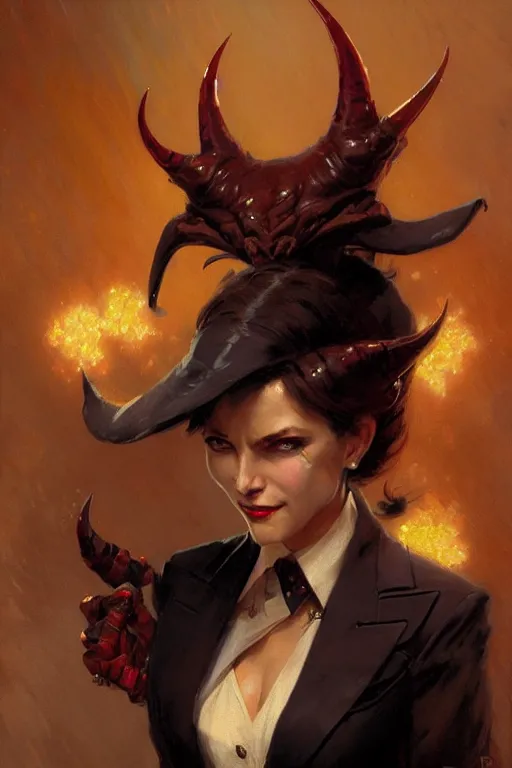 Prompt: well dressed woman in a business suit with a sly smile and demon horns portrait dnd, painting by gaston bussiere, craig mullins, greg rutkowski, yoji shinkawa