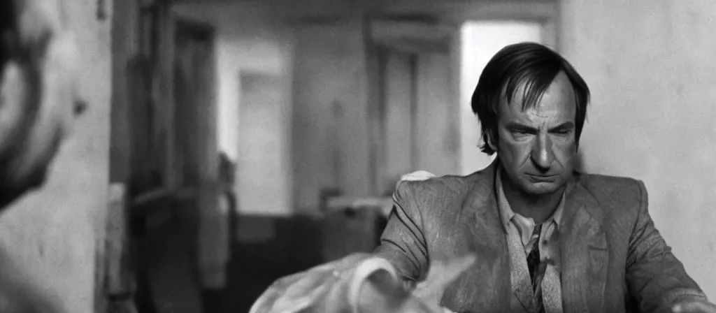 Prompt: A still of Saul Goodman in an Andrei Tarkovsky film, black and white, gloomy