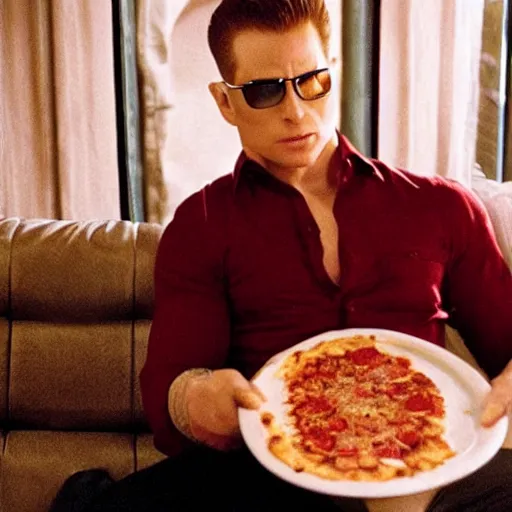 Prompt: Albert Wesker eating pizza on the couch, relaxed, photograph