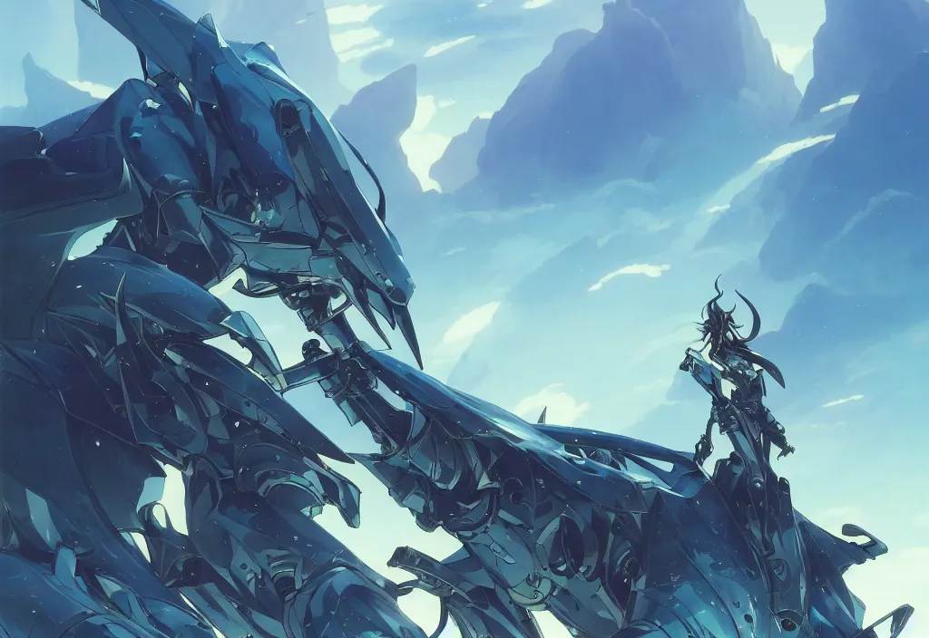 Prompt: close up of a extremely beautiful and aesthetic mech armor witch holding a symmetrical trident, highly detailed face, attractive symmetrical eyes, back shark fin, big wave horizon, dynamic model pose, slightly smiling, blue sky, big blade whale and black giants mech minotaurus, epic scene, fantasy illustrations, by makoto shinkai and peter mohrbacher and ferdinand knab