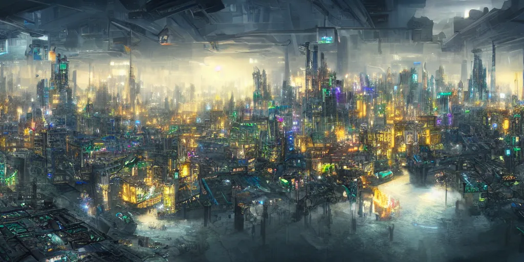 Image similar to City on planet Computer World, city inhabited by living computer programs, city made of giant electronic circuit components, fantasy landscape, concept art, matte painting