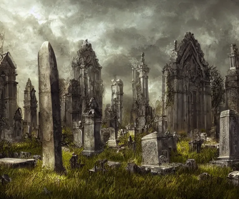 Image similar to a city of tombs and tombstones, graveyard landscape, giant grave structures, giant tomb structures, dark fantasy, digital art, fantasy art
