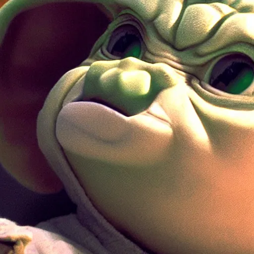 Image similar to a film still of baby yoda's son crying because of his dad's brutal death in star wars realistic, detailed