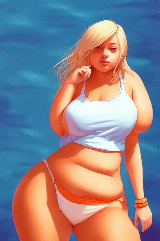 Image similar to a beautiful chubby woman with very long hip-length blonde hair, wearing a cut-off white top and short light orange cut-off shorts, stands by a swimming pool, in the style of artgerm and moebius and annie liebovitz, photorealistic, highly detailed, trending on artstation