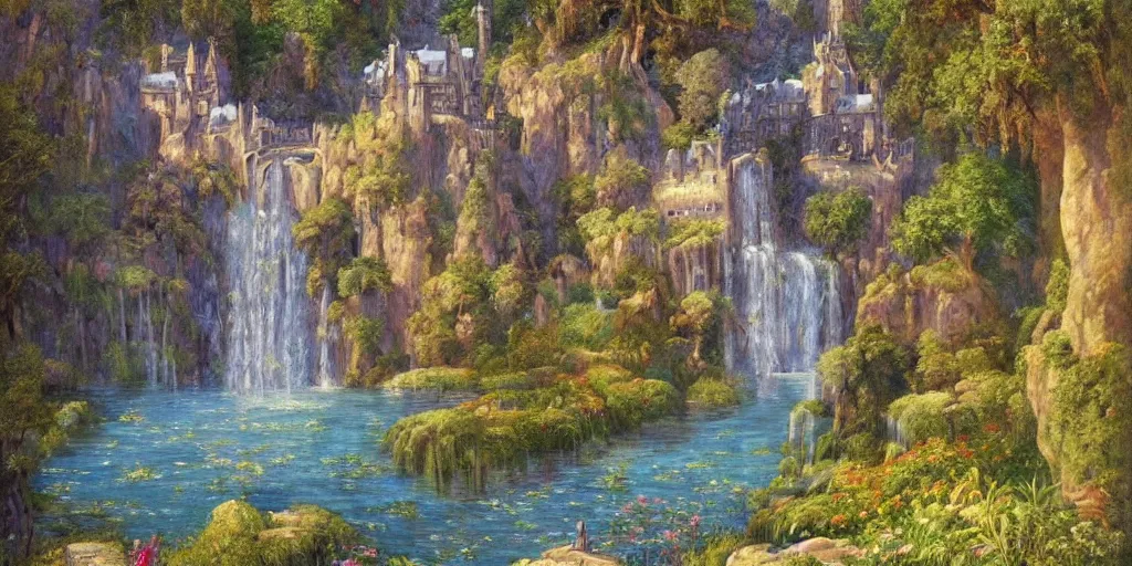 Image similar to a castle in the sky,painting,art nouveau,moat into waterfall