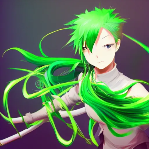 Image similar to anime fencer, green hair, cinematic lighting, animation, illustration