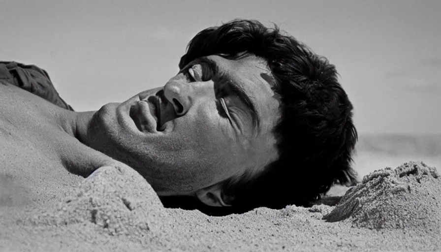 Image similar to 1 9 6 0 s movie still close up of marcus atilius regulus eyelids riped off looking directly at the sun his body buried in the sand, cinestill 8 0 0 t 3 5 mm b & w, high quality, heavy grain, high detail, texture, dramatic light, anamorphic, hyperrealistic, detailed hair