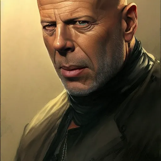 Image similar to bruce willis as sagat from street fighter, wearing an eye patch, 4 k, ultra realistic, detailed focused art by artgerm and greg rutkowski and alphonse mucha