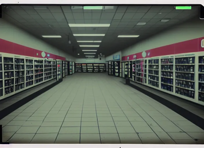 Prompt: polaroid photograph of an empty blockbuster store, liminal space, familiar place, mannequins, black mold, amateur, unreal engine, photorealistic, trending on artstation